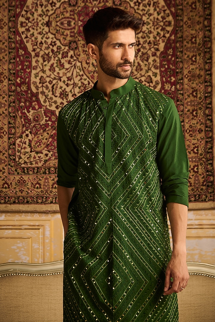 Olive Green Dola Silk Thread & Mirror Embroidered Kurta Set by DiyaRajvvir Men at Pernia's Pop Up Shop