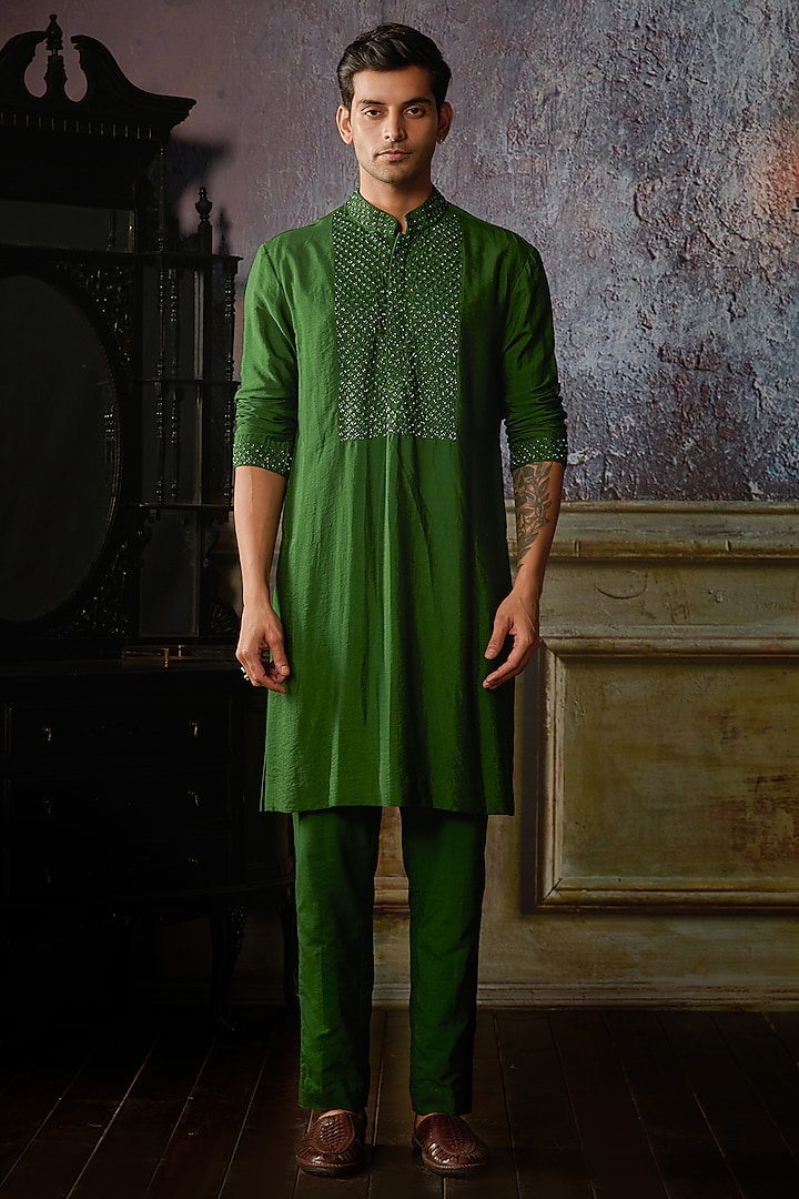 Olive Green Cotton Silk Thread & Cutdana Embroidered Kurta Set by DiyaRajvvir Men