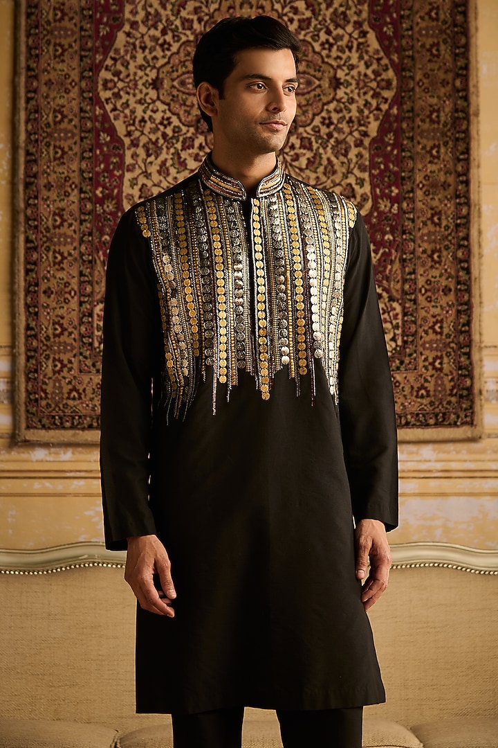 Black Cotton Silk Tribal Embroidered Kurta Set by DiyaRajvvir Men at Pernia's Pop Up Shop