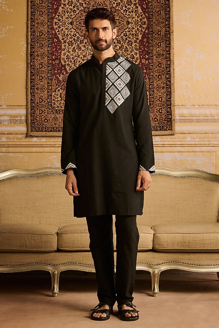 Black & White Cotton Silk Thread Embroidered Kurta Set by DiyaRajvvir Men