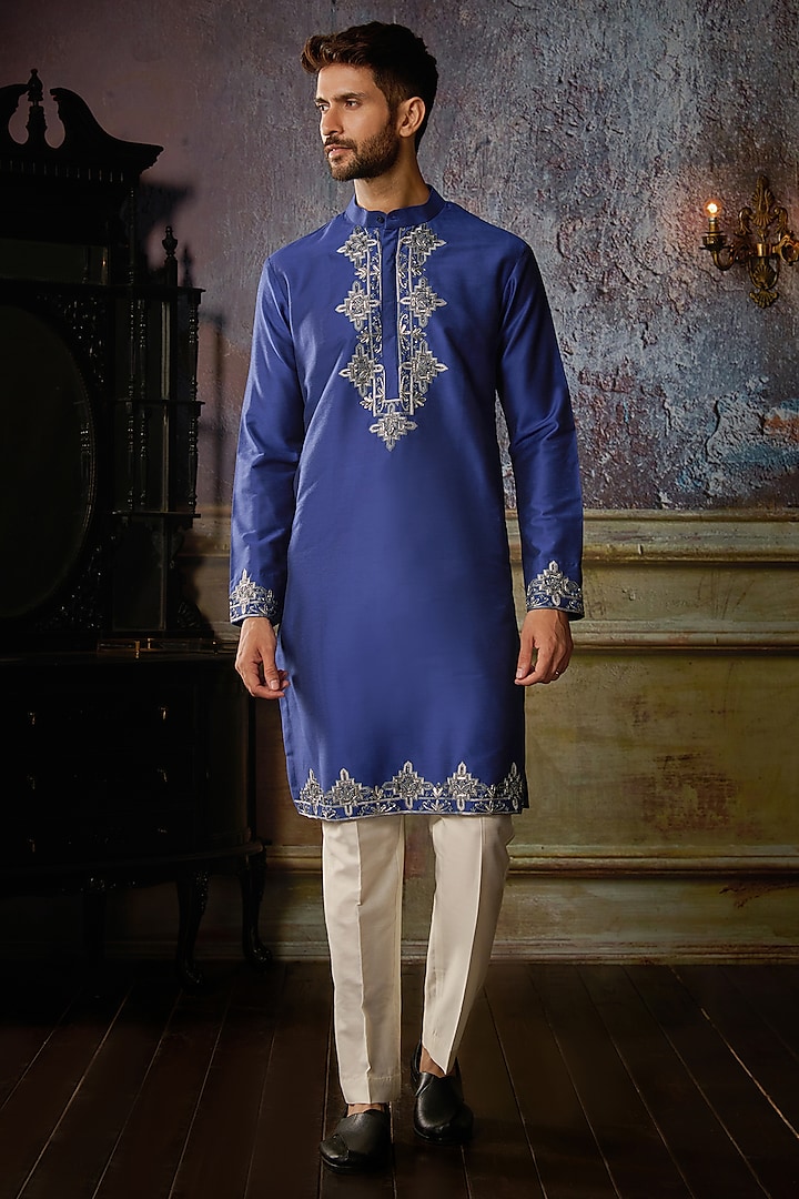 Electric Blue Cotton Silk Thread Geometric Embroidered Kurta Set by DiyaRajvvir Men