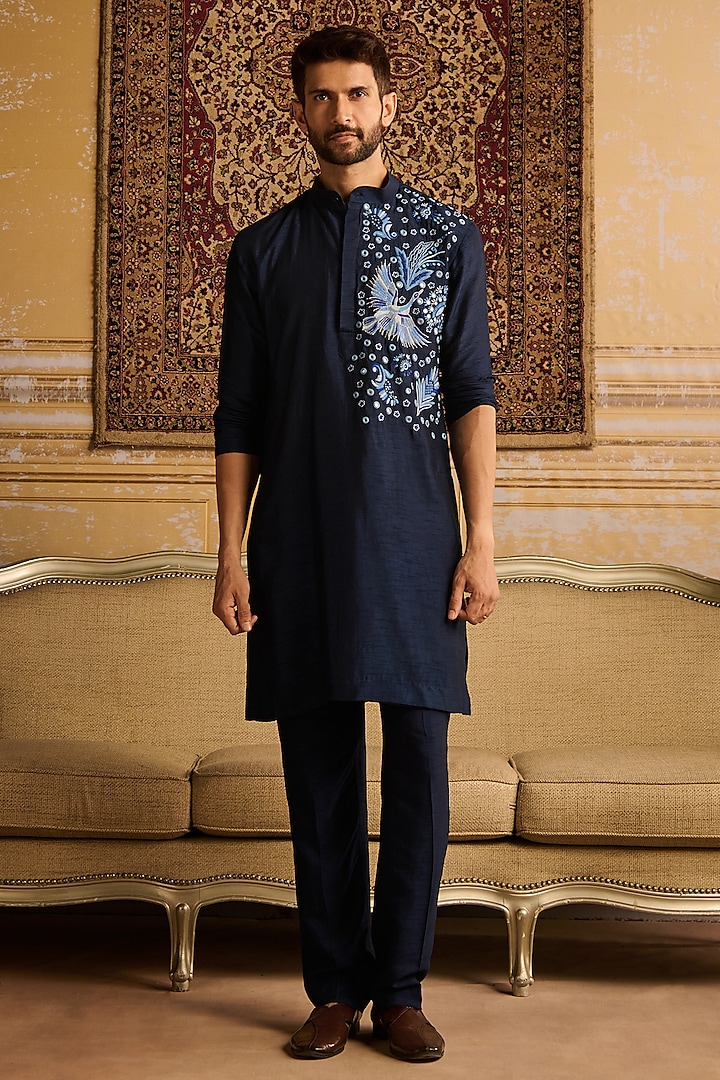 Dark Blue Dola Silk Floral Embroidered Kurta Set by DiyaRajvvir Men