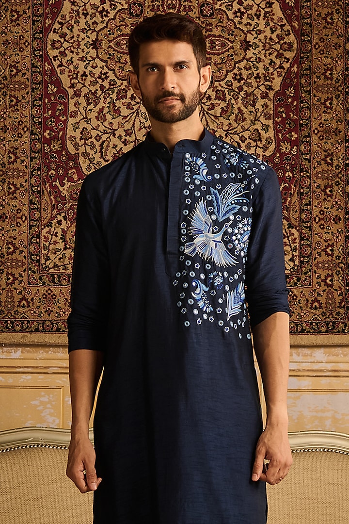 Dark Blue Dola Silk Floral Embroidered Kurta Set by DiyaRajvvir Men at Pernia's Pop Up Shop
