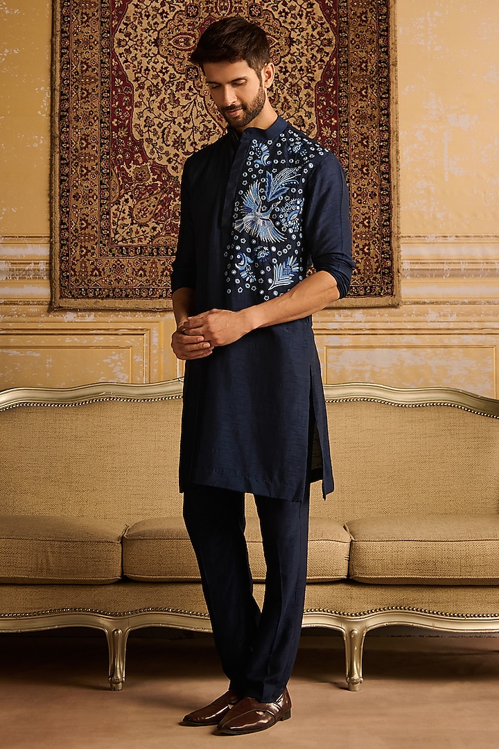 Dark Blue Dola Silk Floral Embroidered Bundi Jacket Set by DiyaRajvvir Men