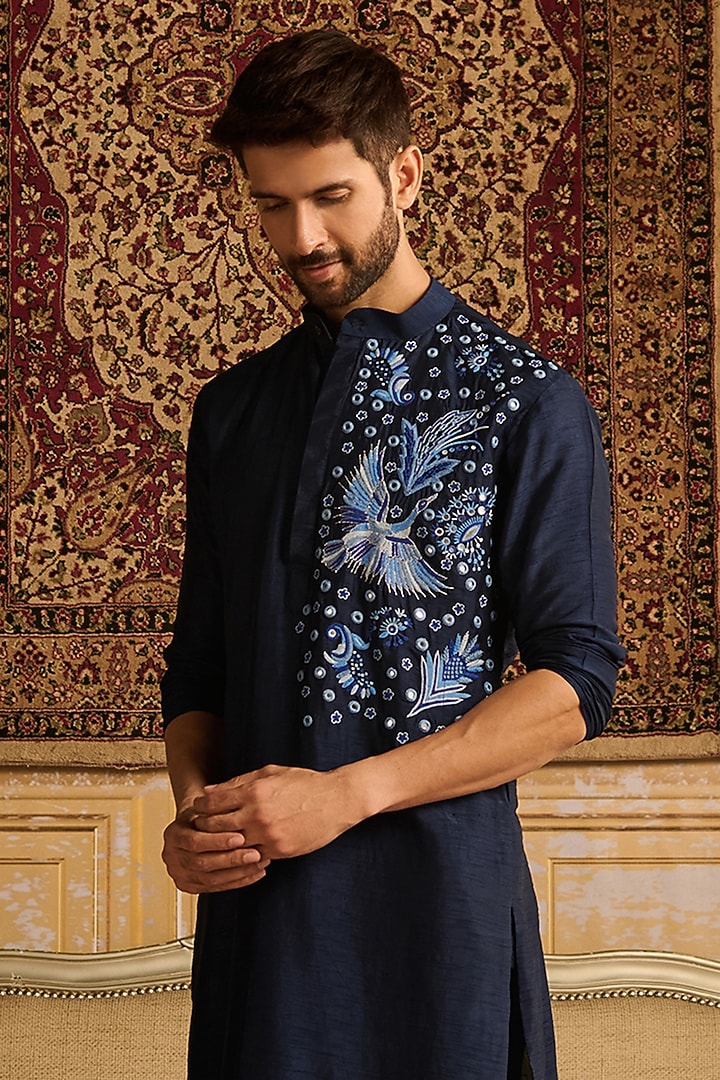 Dark Blue Dola Silk Floral Embroidered Bundi Jacket Set by DiyaRajvvir Men at Pernia's Pop Up Shop