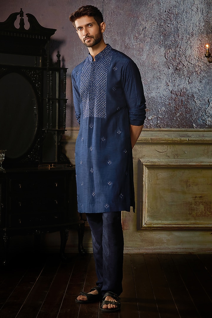 Dark Blue Cotton Silk Boota Embroidered Kurta Set by DiyaRajvvir Men