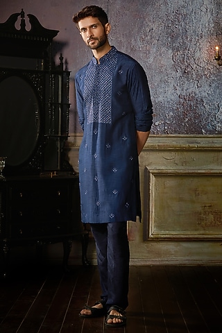 Dark Blue Cotton Silk Boota Embroidered Kurta Set by DiyaRajvvir Men