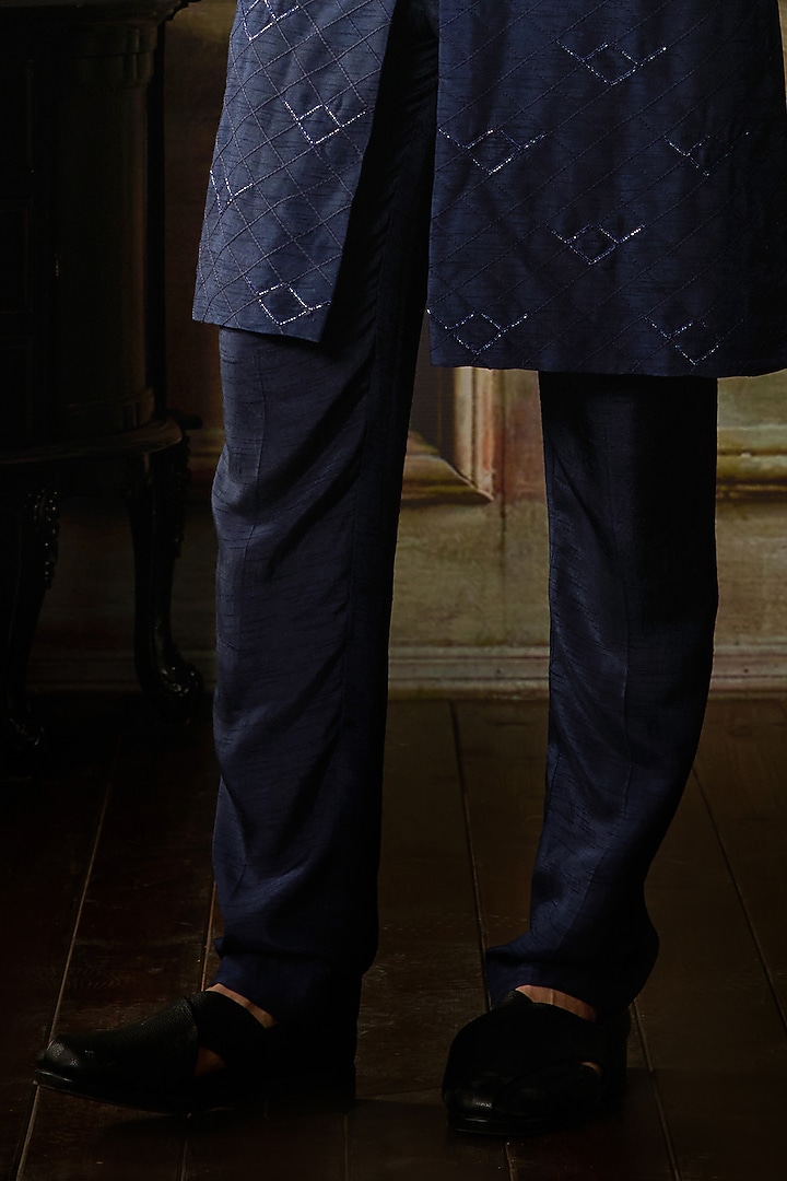 Dark Blue Dola Silk Arrow Embroidered Kurta Set by DiyaRajvvir Men at Pernia's Pop Up Shop