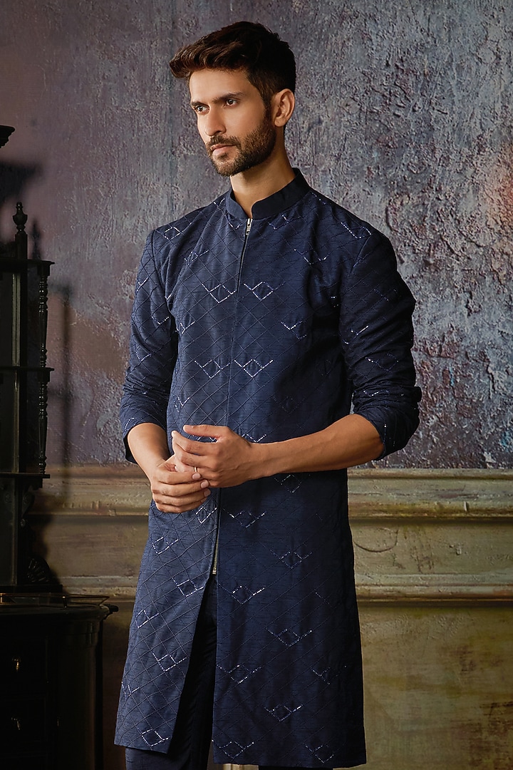 Dark Blue Dola Silk Arrow Embroidered Kurta Set by DiyaRajvvir Men at Pernia's Pop Up Shop