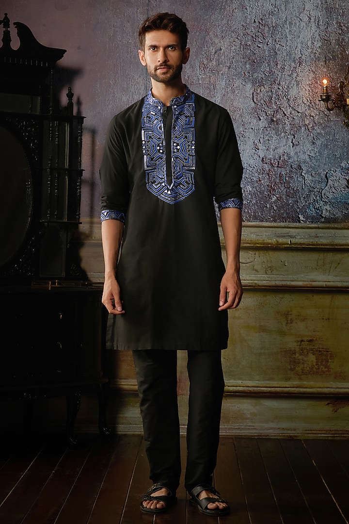 Black Cotton Silk Embroidered Kurta Set by DiyaRajvvir Men