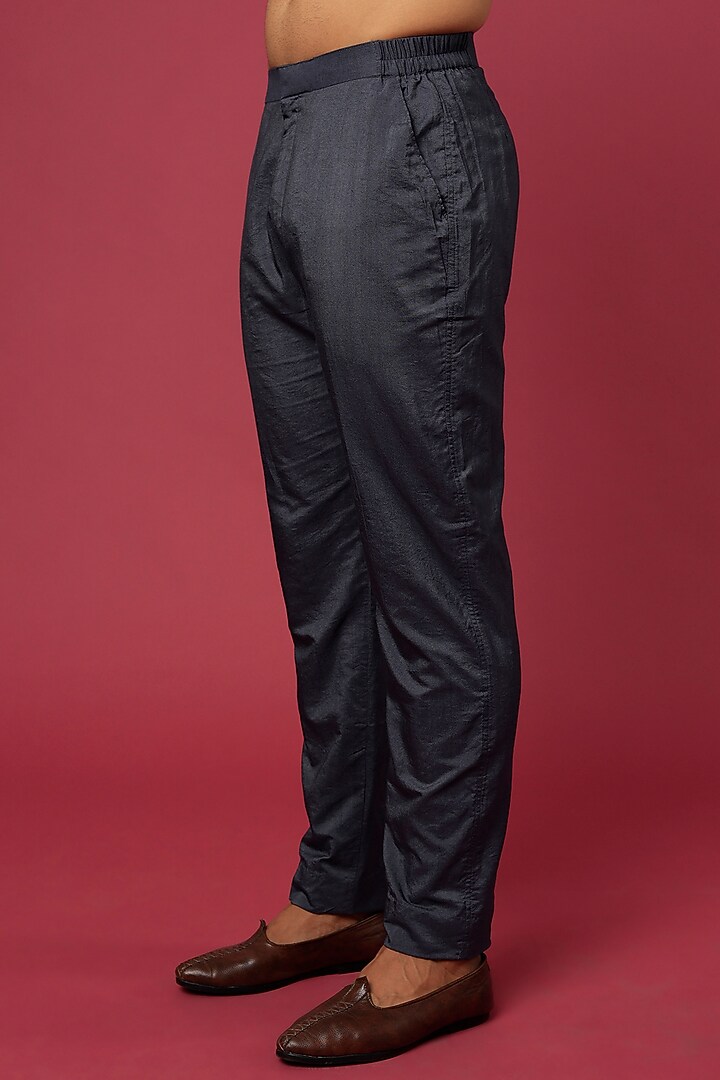 Dark Blue Cotton Silk Thread Embroidered Kurta Set by DiyaRajvvir Men at Pernia's Pop Up Shop