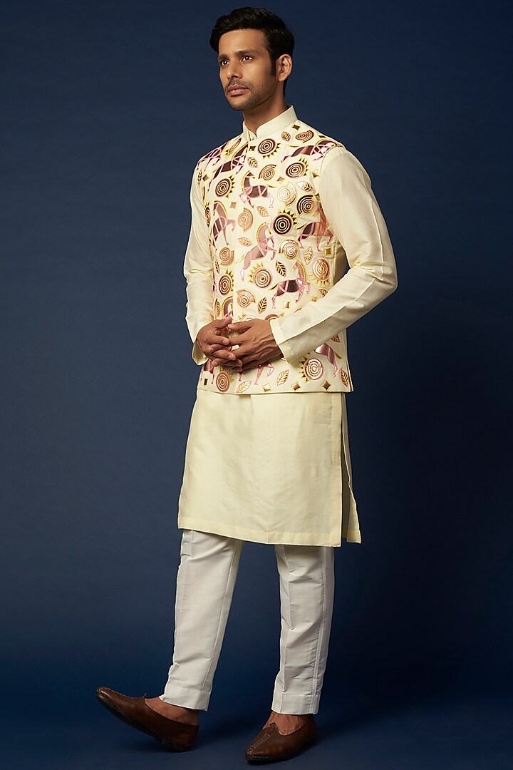 Pastel Yellow Embroidered Bundi Jacket With Kurta Set by DiyaRajvvir Men