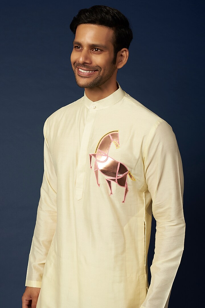 Pastel Yellow Silk Thread Embroidered Bundi Jacket Set by DiyaRajvvir Men at Pernia's Pop Up Shop