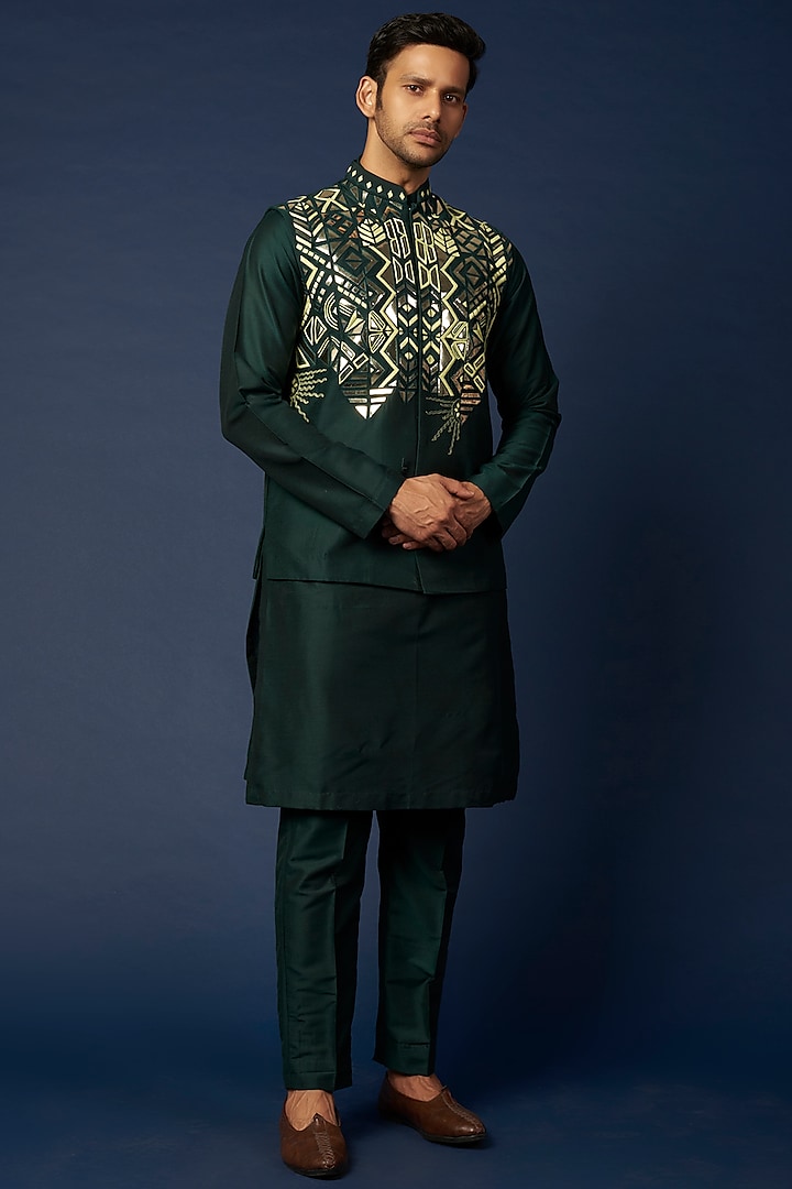 Olive Green Embroidered Bundi Jacket With Kurta Set by DiyaRajvvir Men