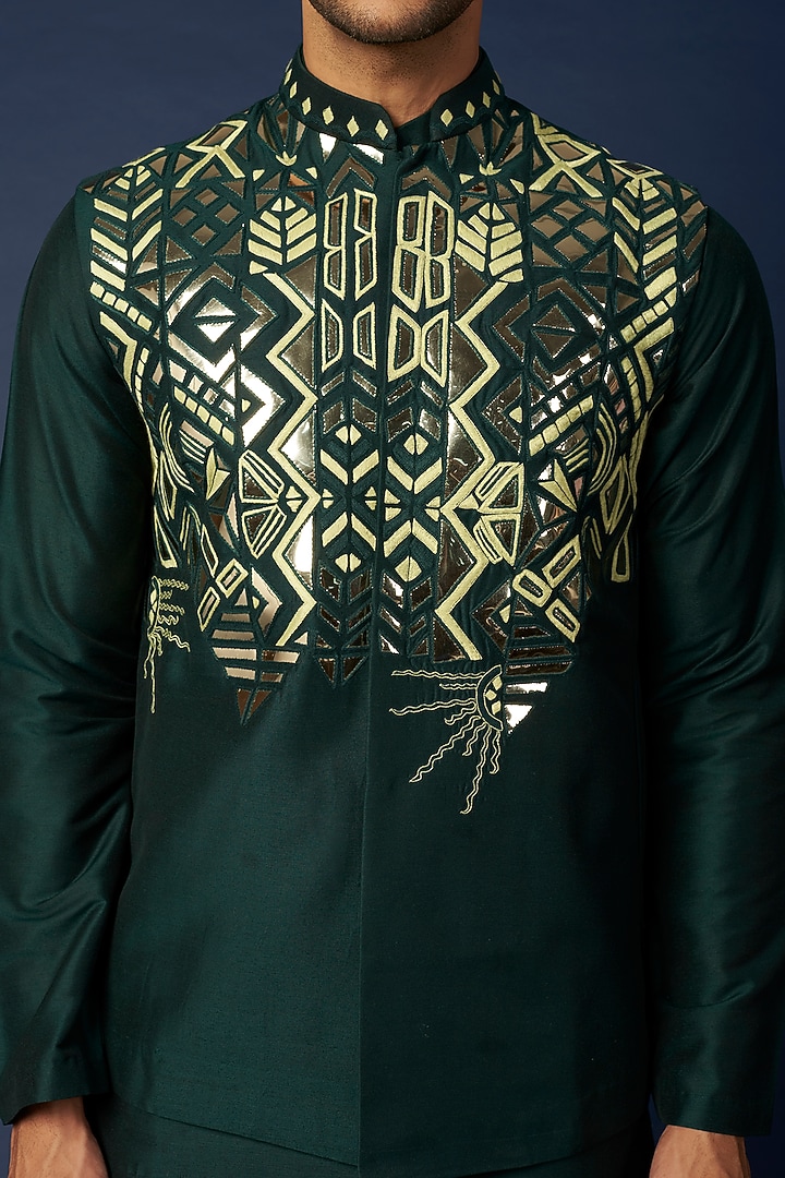 Olive Green Cotton Silk Embroidered Bundi Set by DiyaRajvvir Men at Pernia's Pop Up Shop