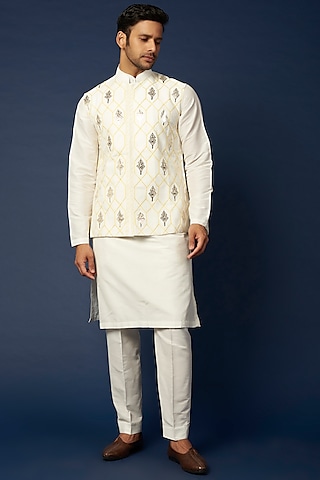 Ivory Cotton Silk Thread Embroidered Bundi Jacket Set by DiyaRajvvir Men
