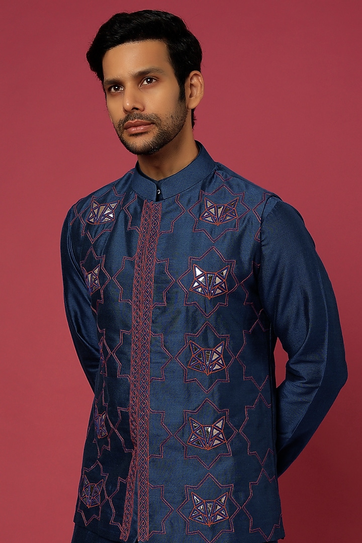 Navy Blue Cotton & Cotton Silk Embroidered Bundi Jacket Set by DiyaRajvvir Men at Pernia's Pop Up Shop