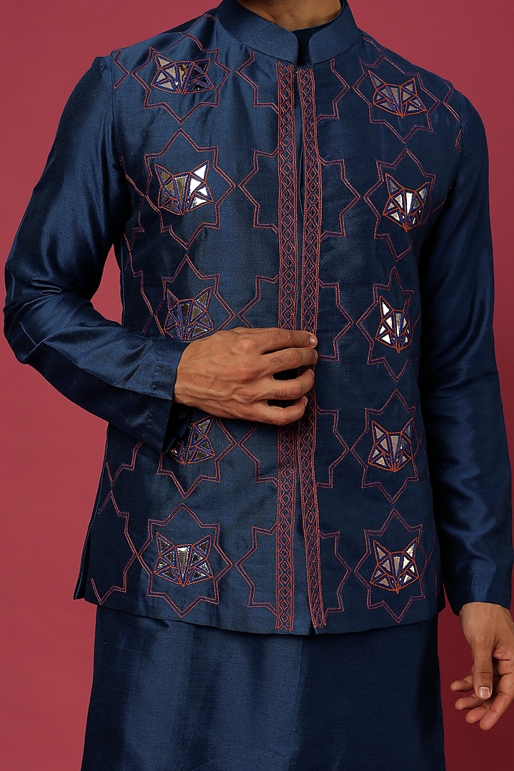 Navy Blue Cotton & Cotton Silk Embroidered Bundi Jacket Set by DiyaRajvvir Men at Pernia's Pop Up Shop