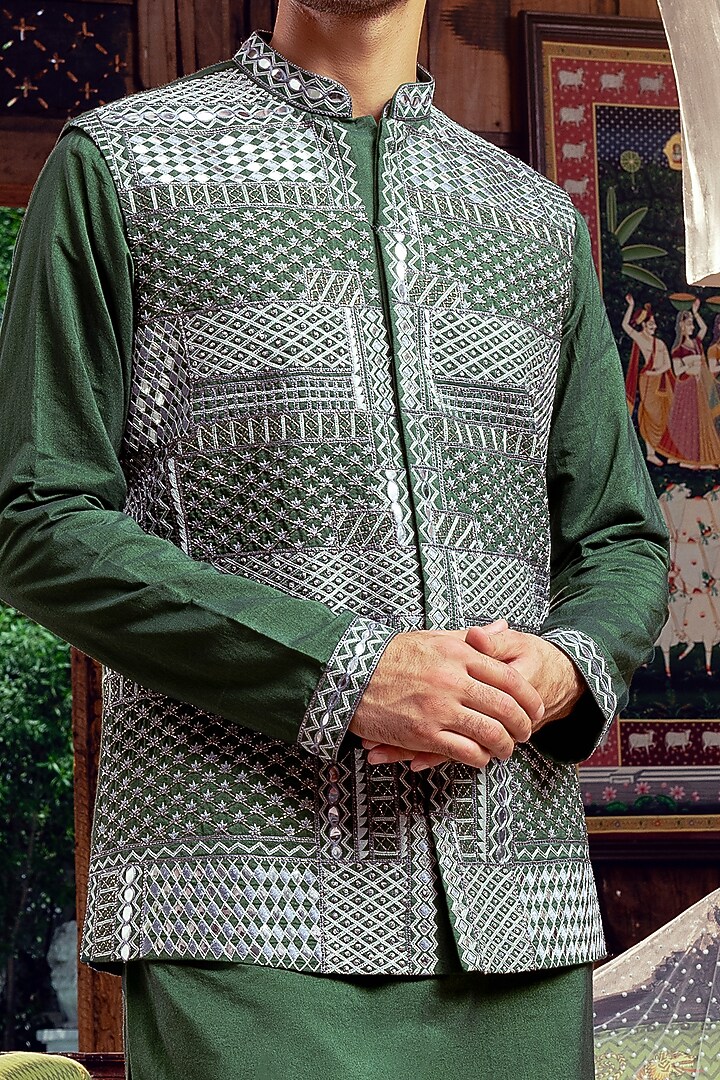 Olive Green Cotton Silk Embroidered Bundi Jacket Set by DiyaRajvvir Men at Pernia's Pop Up Shop
