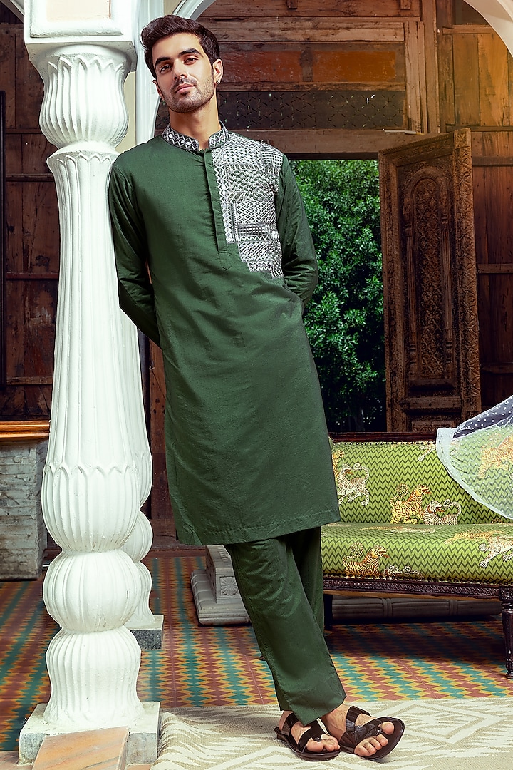 Olive Green Cotton Silk Embroidered Kurta Set by DiyaRajvvir Men