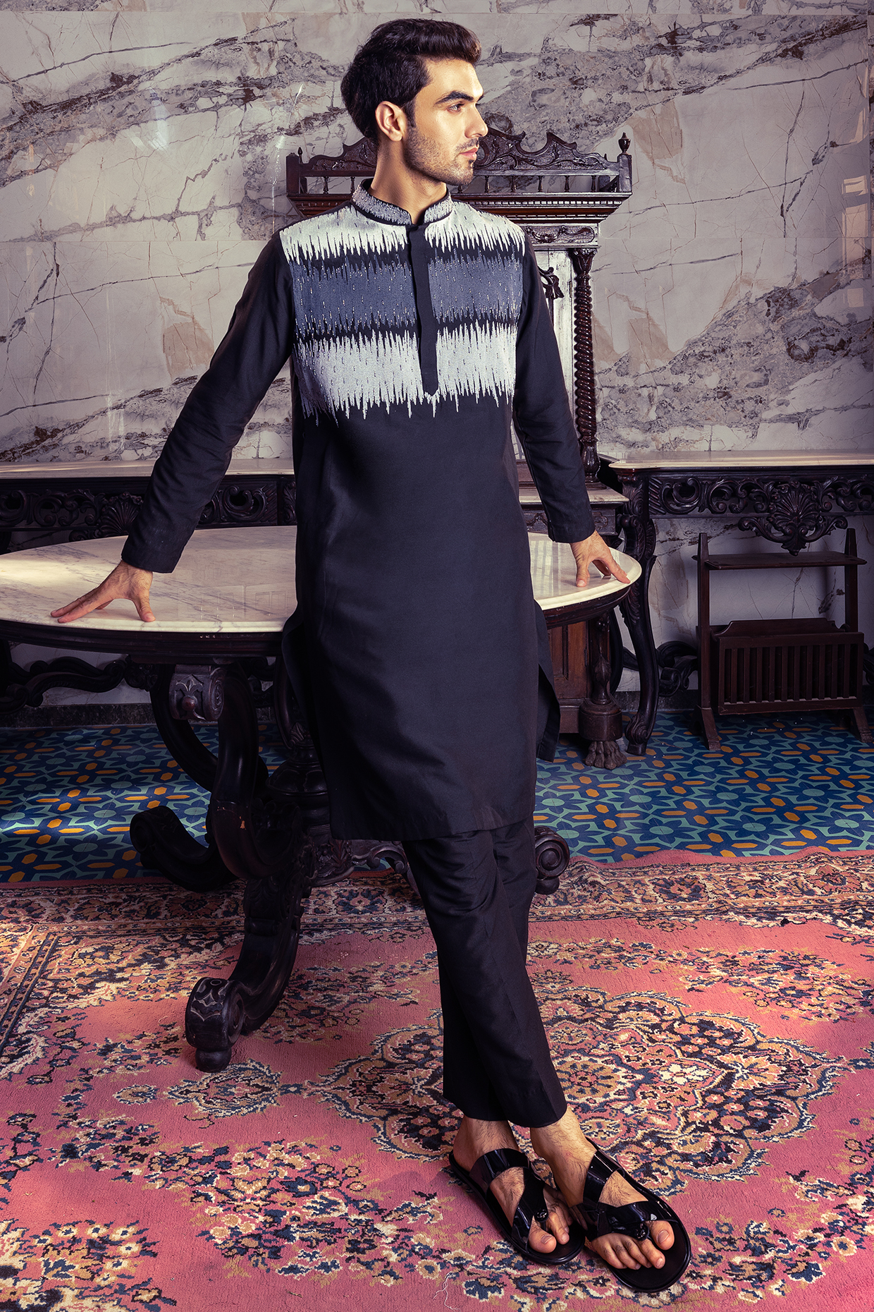 Black Cotton Silk Embroidered Ombre Kurta Set by DiyaRajvvir Men