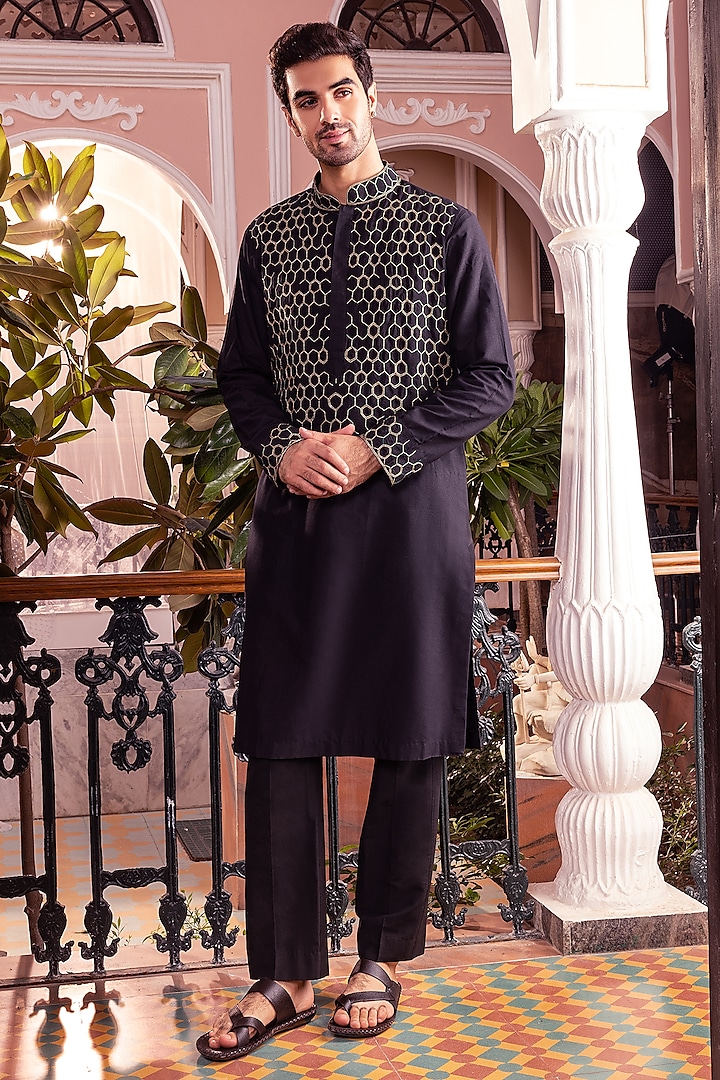 Black Cotton Silk Hexagon Embroidered Kurta Set by DiyaRajvvir Men