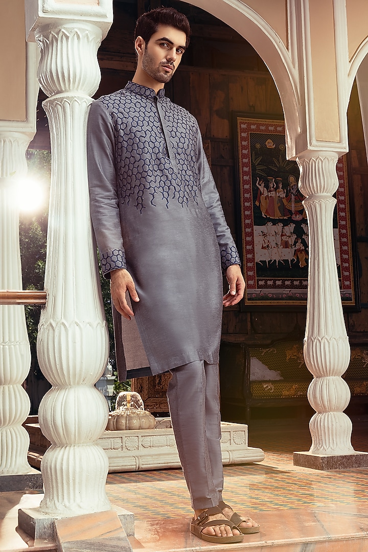 Grey Cotton Silk Hexagon Embroidered Kurta Set by DiyaRajvvir Men