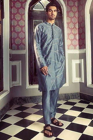 Grey Cotton Silk Aztec Embroidered Kurta Set by DiyaRajvvir Men