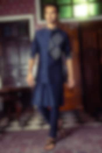 Dark Blue Cotton Silk Embroidered Bundi Jacket Set by DiyaRajvvir Men