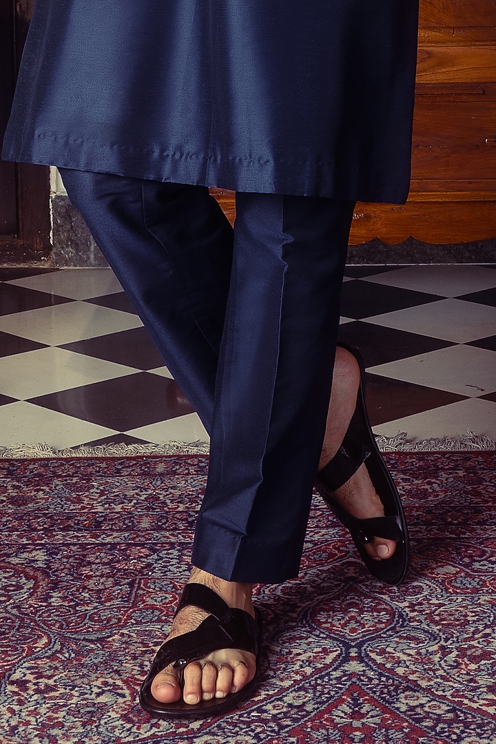 Dark Blue Cotton Silk Embroidered Bundi Jacket Set by DiyaRajvvir Men at Pernia's Pop Up Shop