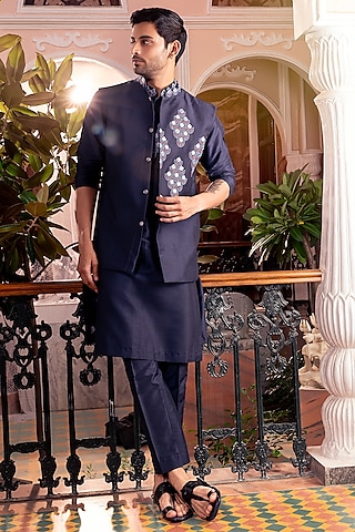 Dark Blue Cotton Silk Floral Embroidered Bundi Jacket Set by DiyaRajvvir Men