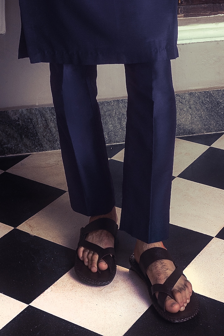Dark Blue Cotton Silk Tribal Embroidered Kurta Set by DiyaRajvvir Men at Pernia's Pop Up Shop