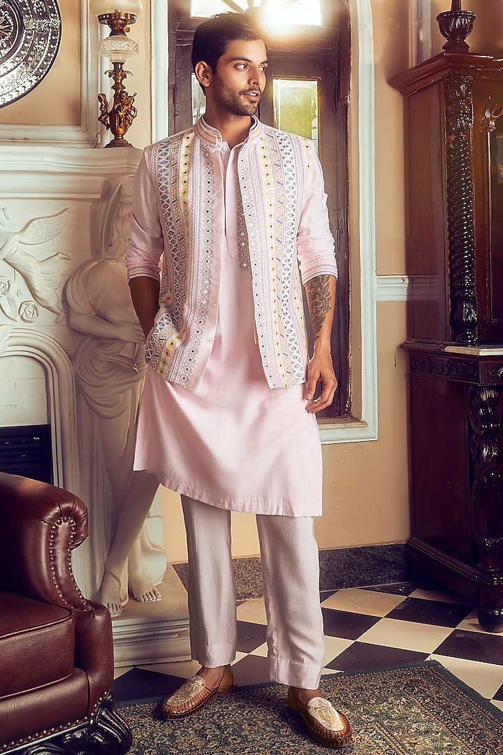 Blush Pink Cotton Silk Tribal Embroidered Bundi Jacket Set by DiyaRajvvir Men