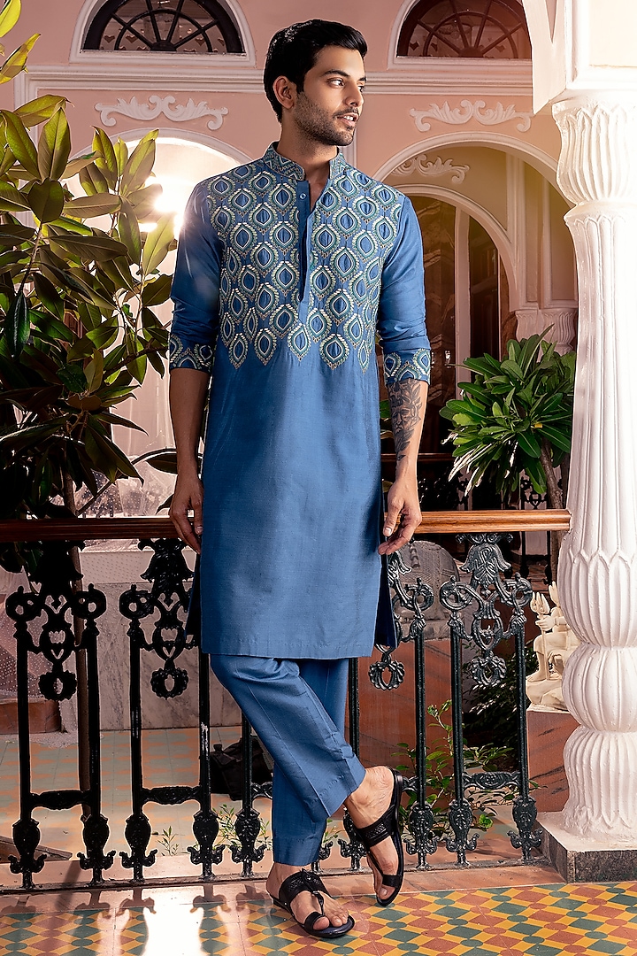 Indigo Blue Cotton Silk Embroidered Kurta Set by DiyaRajvvir Men