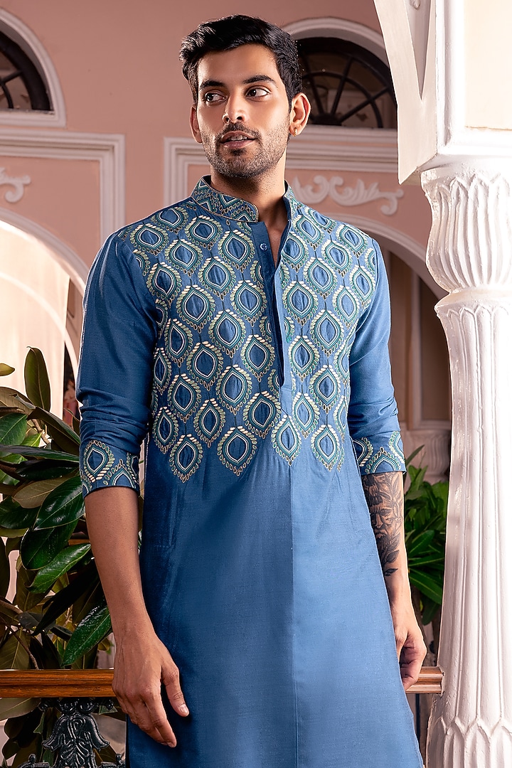 Indigo Blue Cotton Silk Embroidered Kurta Set by DiyaRajvvir Men at Pernia's Pop Up Shop