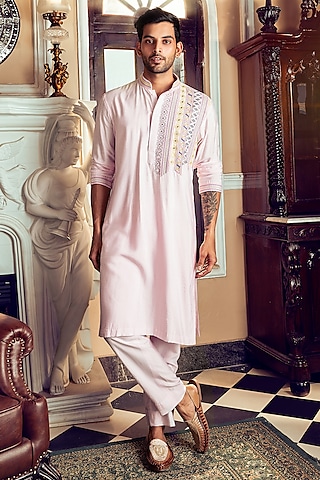 Blush Pink Cotton Silk Floral Embroidered Kurta Set by DiyaRajvvir Men