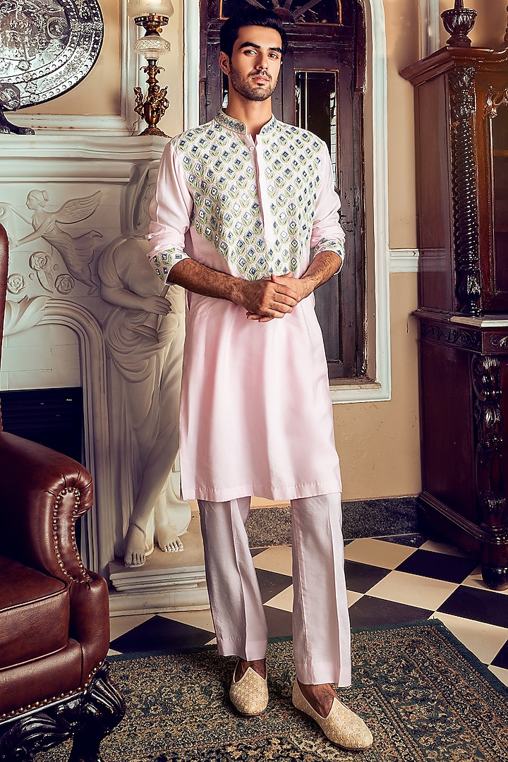 Blush Pink Cotton Silk Floral Embroidered Kurta Set by DiyaRajvvir Men