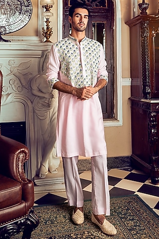 Blush Pink Cotton Silk Floral Embroidered Kurta Set by DiyaRajvvir Men