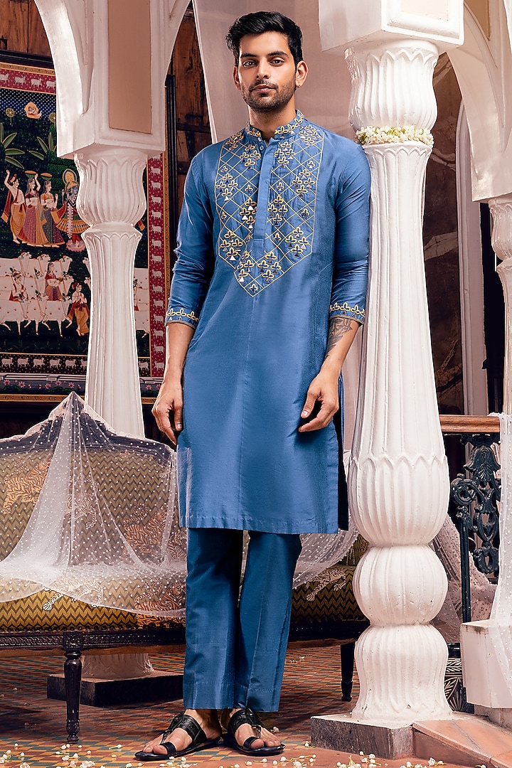 Indigo Blue Cotton Silk Embroidered Kurta Set by DiyaRajvvir Men