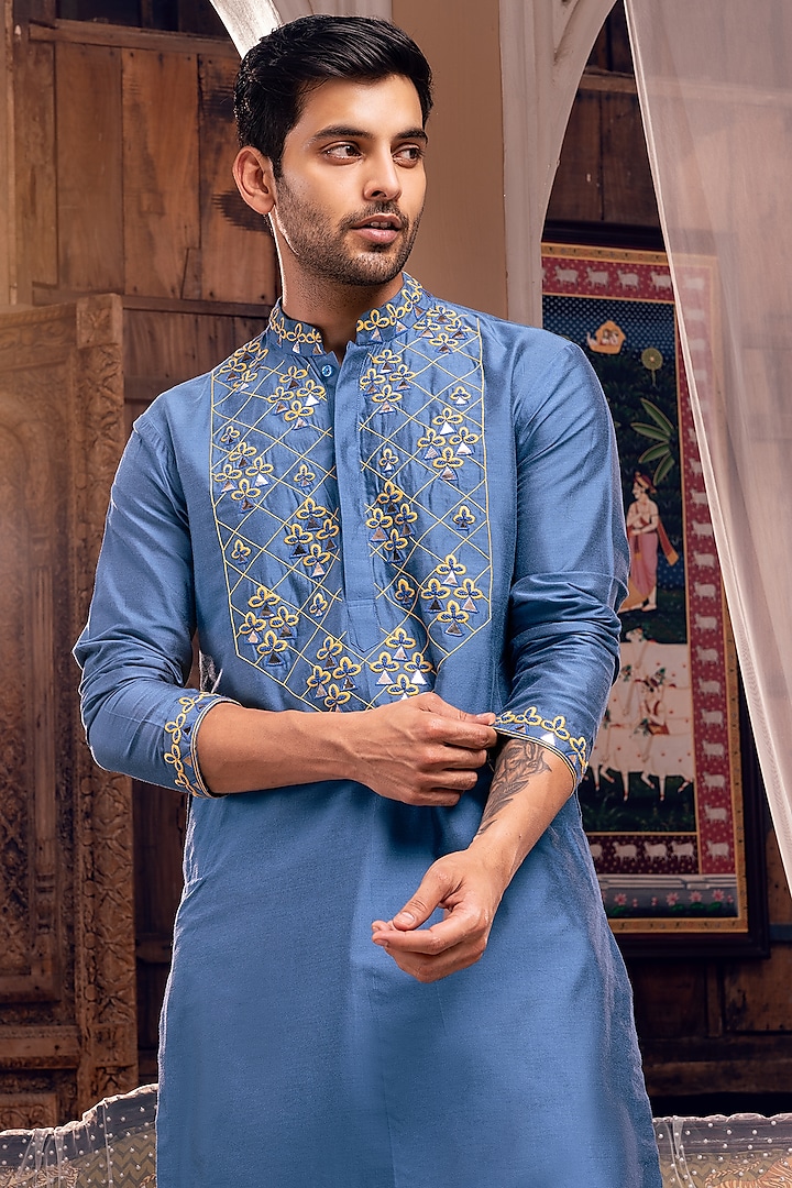 Indigo Blue Cotton Silk Embroidered Kurta Set by DiyaRajvvir Men at Pernia's Pop Up Shop