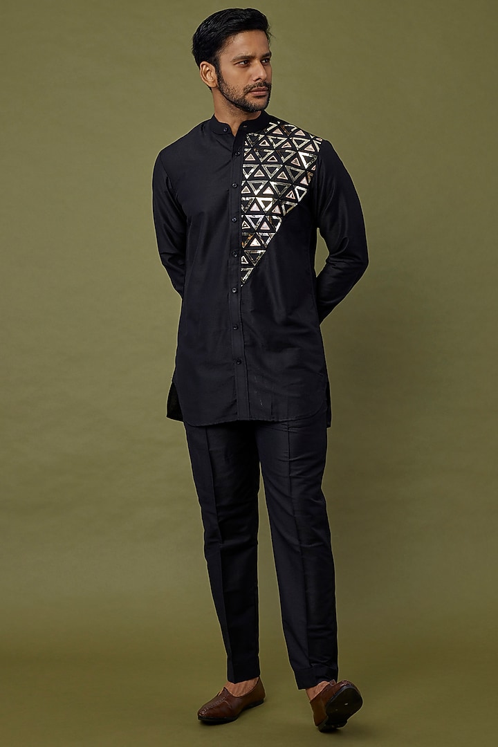 Black Cotton Silk Applique Embroidered Wedding Indowestern Set by DiyaRajvvir Men at Pernia's Pop Up Shop