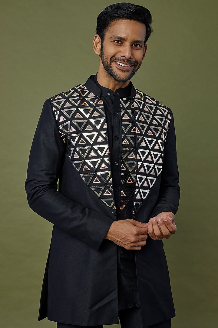 Black Cotton Silk Applique Embroidered Wedding Indowestern Set by DiyaRajvvir Men at Pernia's Pop Up Shop