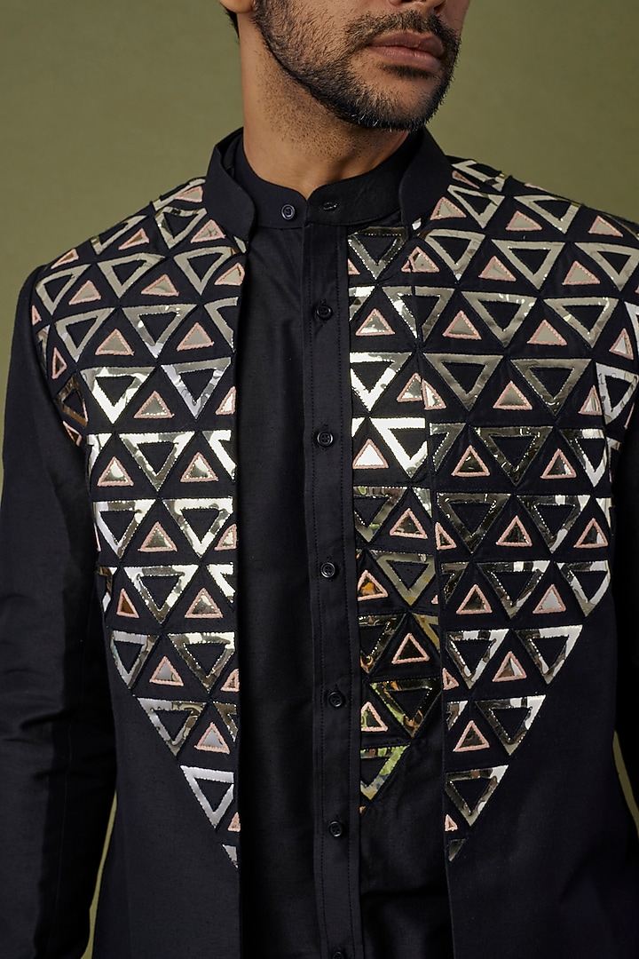 Black Cotton Silk Applique Embroidered Wedding Indowestern Set by DiyaRajvvir Men at Pernia's Pop Up Shop