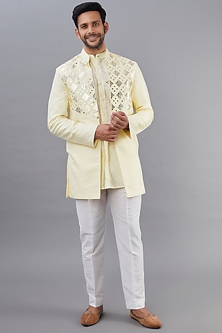 Pastel Yellow Cotton Silk Acrylic Embroidered Indowestern Set by DiyaRajvvir Men