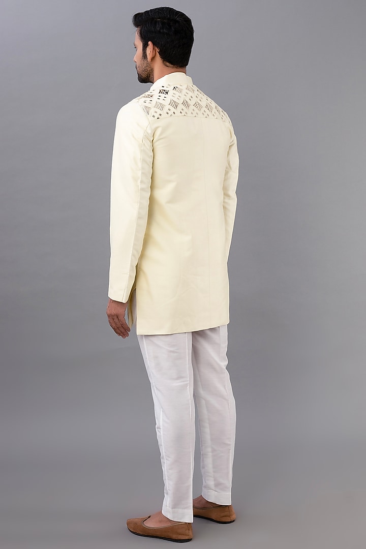 Pastel Yellow Cotton Silk Acrylic Embroidered Wedding Indowestern Set by DiyaRajvvir Men at Pernia's Pop Up Shop