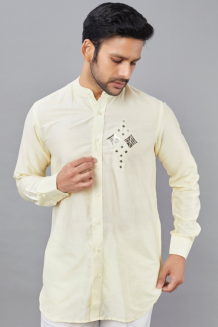 Pastel Yellow Cotton Silk Acrylic Embroidered Wedding Indowestern Set by DiyaRajvvir Men at Pernia's Pop Up Shop