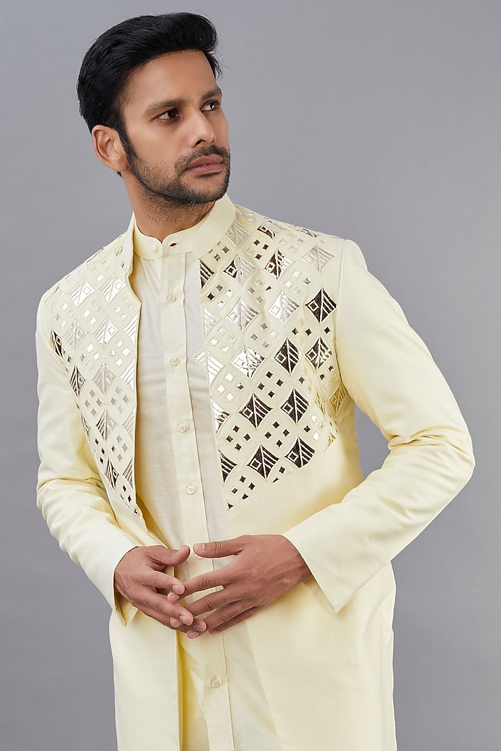 Pastel Yellow Cotton Silk Acrylic Embroidered Wedding Indowestern Set by DiyaRajvvir Men at Pernia's Pop Up Shop
