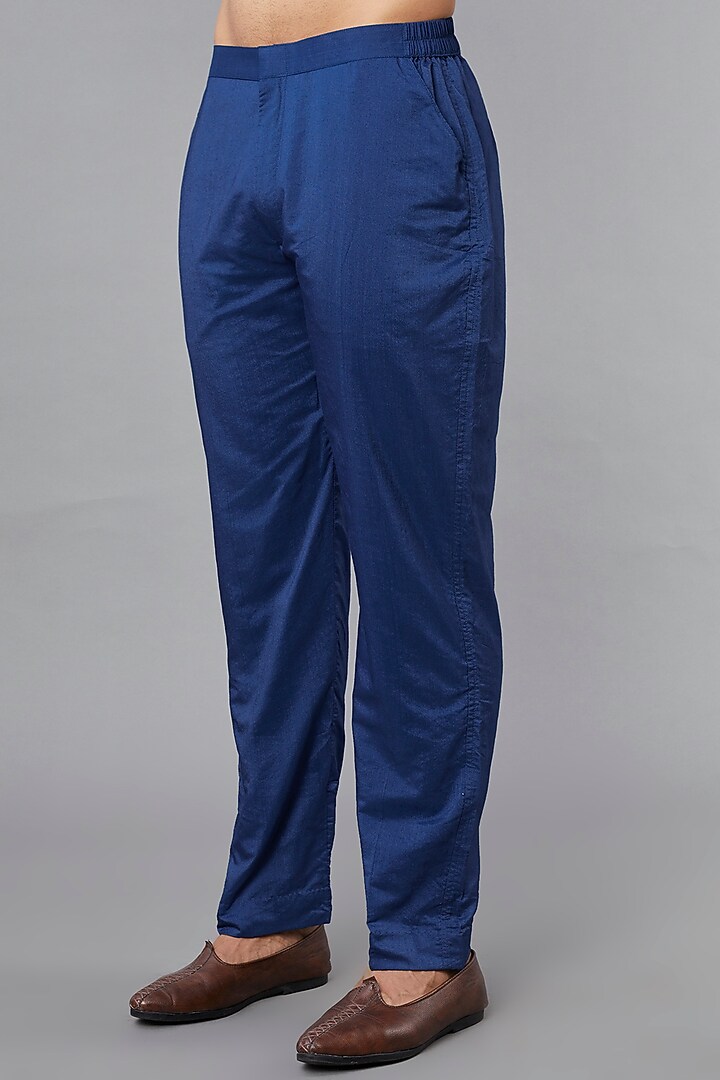 Indigo Blue Cotton Silk Thread Embroidered Wedding Indowestern Set by DiyaRajvvir Men at Pernia's Pop Up Shop