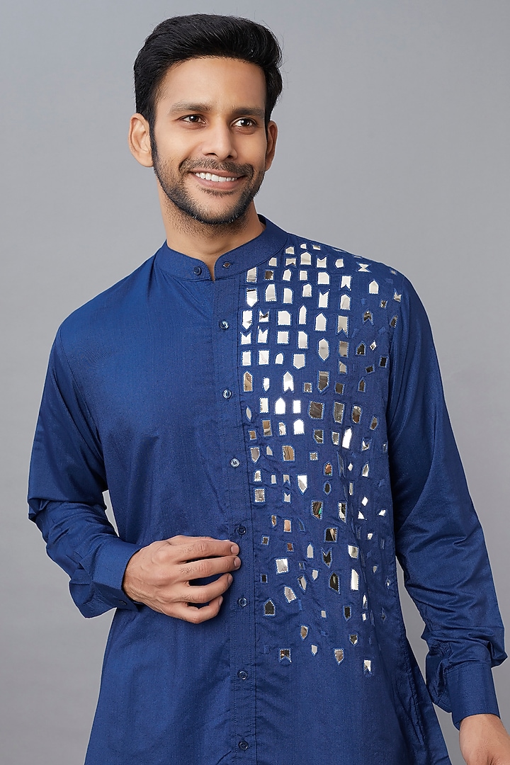 Indigo Blue Cotton Silk Thread Embroidered Wedding Indowestern Set by DiyaRajvvir Men at Pernia's Pop Up Shop