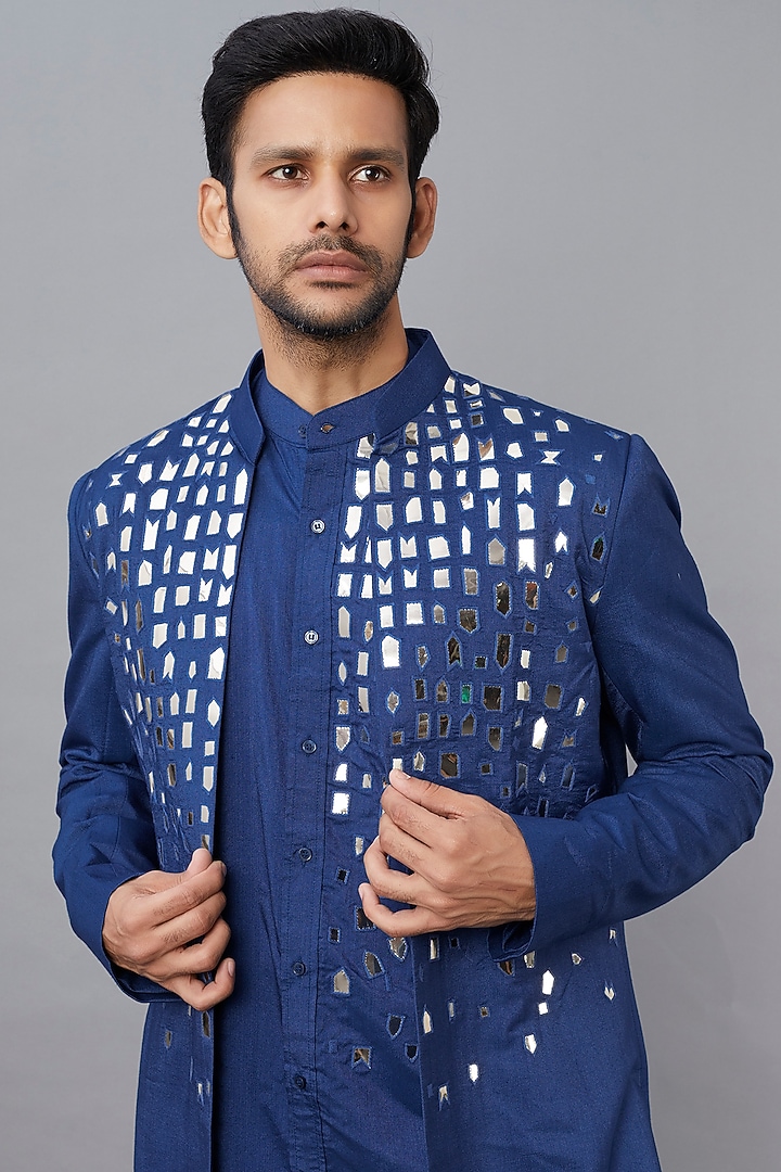 Indigo Blue Cotton Silk Thread Embroidered Wedding Indowestern Set by DiyaRajvvir Men at Pernia's Pop Up Shop